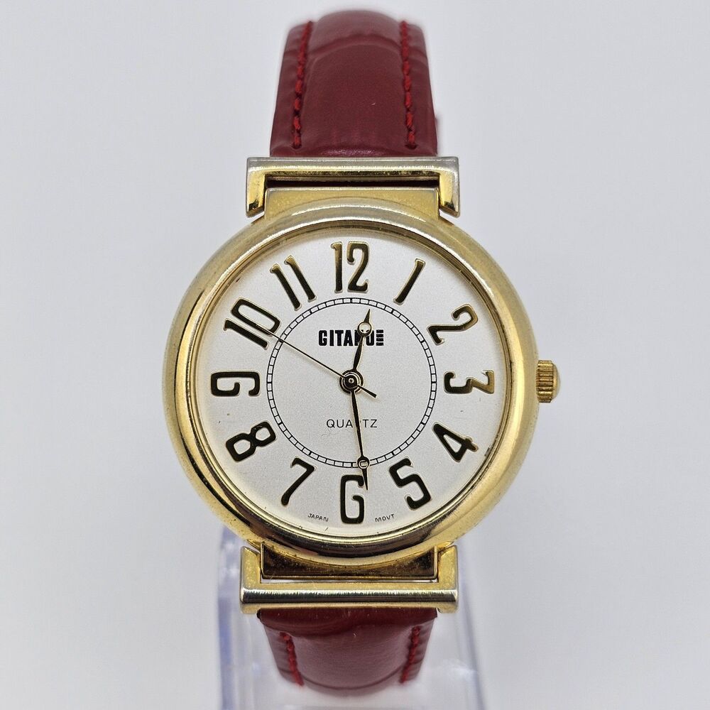 VTG Gitano Women's Watch 35MM Gold Dial Case New Red Leather Bands New Battery